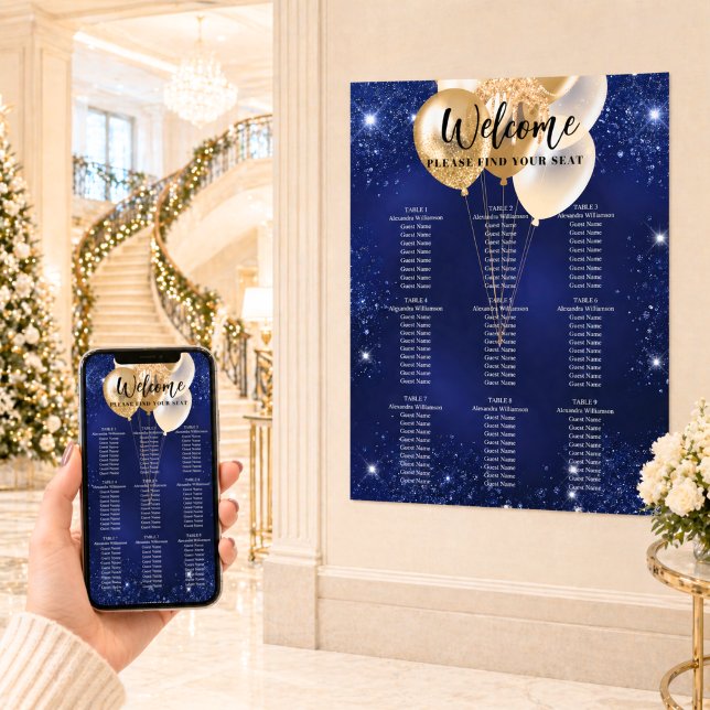 Navy blue gold balloons 9 tables seating chart (Creator Uploaded)