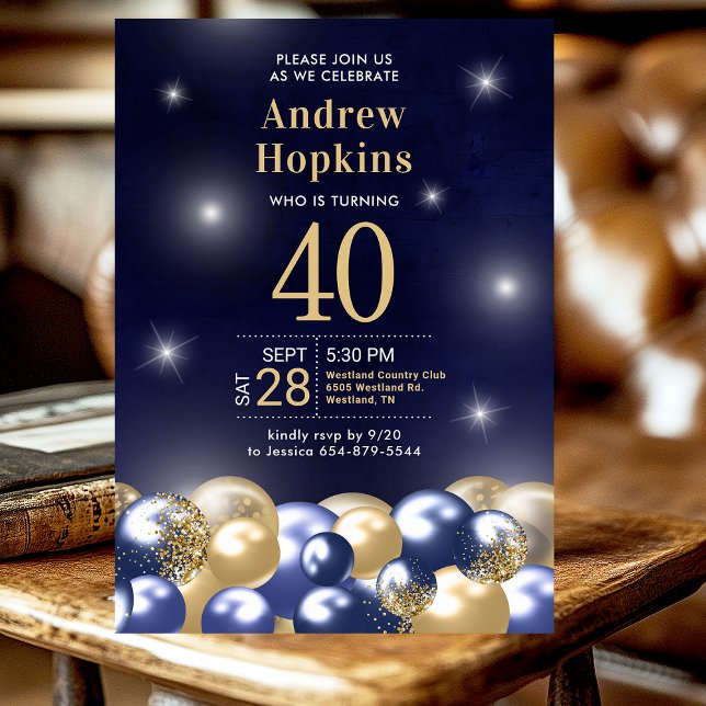 Navy Blue Gold Balloons Photo 40th Birthday Party  Invitation (Creator Uploaded)