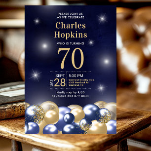 Navy Blue Gold Balloons Photo 70th Birthday Party Invitation
