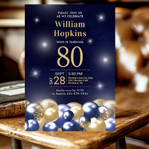 Navy Blue Gold Balloons Photo 80th Birthday Party Invitation