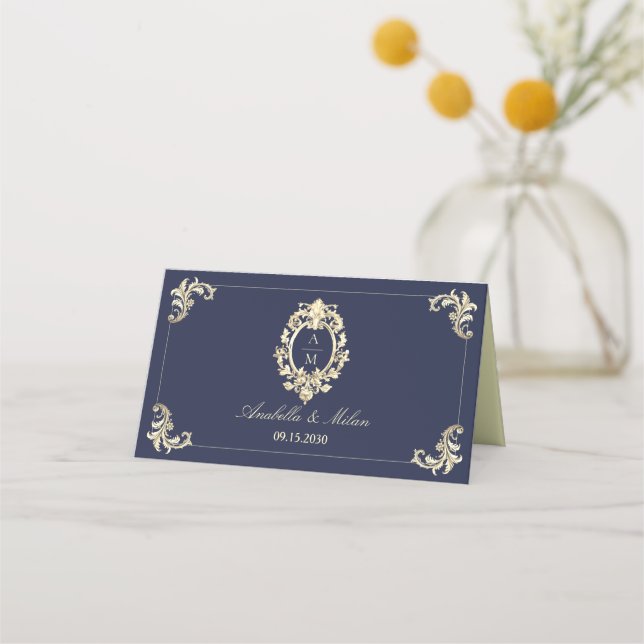 Navy Blue Gold Baroque Wedding Place Card (Back)
