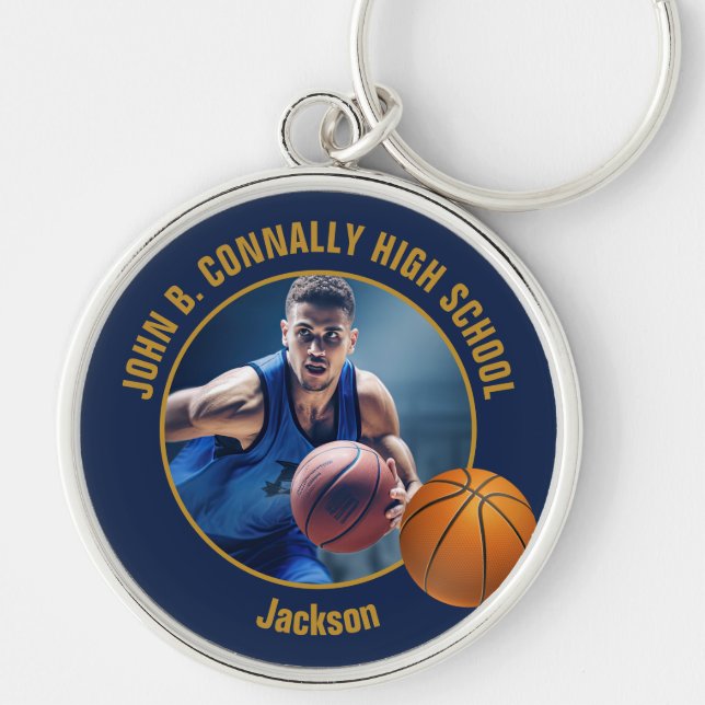 Navy Blue Gold Basketball Player Photo Keychain (Front)