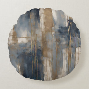 Navy Blue Gold Beige Abstract Watercolor Round Pillow