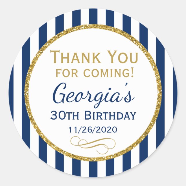 Navy Blue Gold Birthday Thank You Coming Favour Ta Classic Round Sticker (Front)