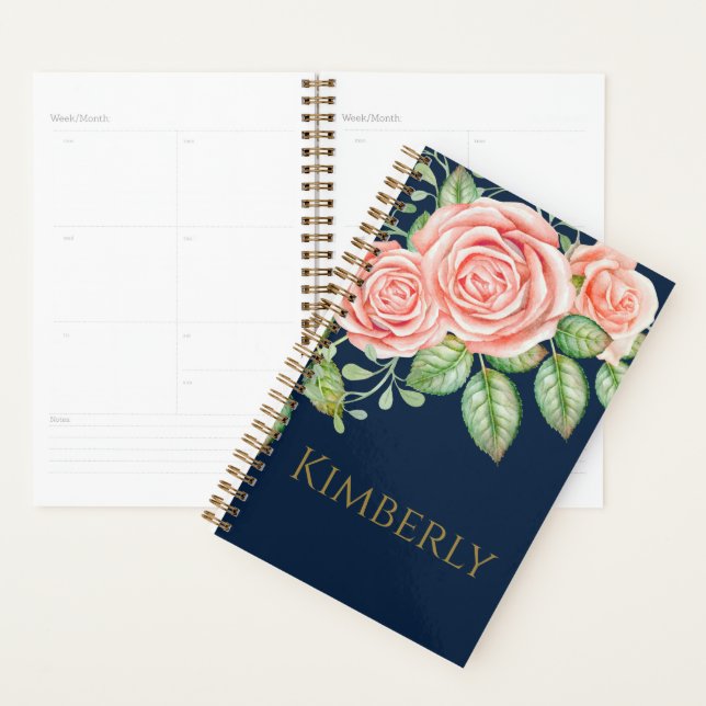 Navy Blue Gold Blush Floral Personalized  Planner (Display)