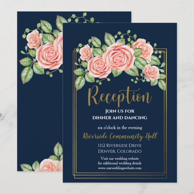 Navy Blue Gold Blush Floral Reception Insert  Invitation (Front/Back)