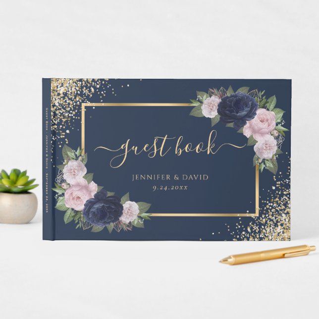 Navy Blue Gold Blush Floral Wedding Guest Book (InSitu Display)
