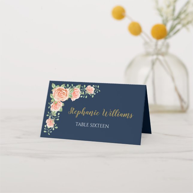 Navy Blue Gold Blush Floral Wedding Place Card (Front)