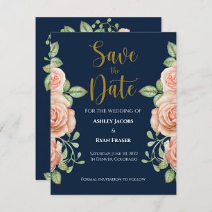 Navy Blue Gold Blush Floral Wedding Save the Date