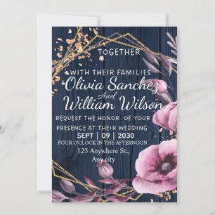 Navy Blue Gold Blush Pink Country Wedding Invitation