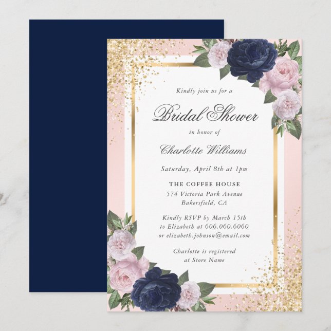 Navy Blue Gold Blush Pink Floral Bridal Shower Invitation (Front/Back)