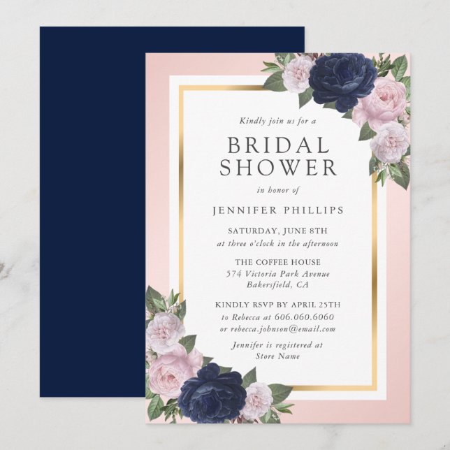 Navy Blue Gold Blush Pink Floral Bridal Shower Invitation (Front/Back)