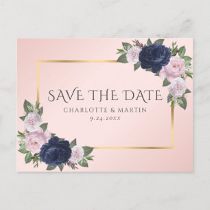 Navy Blue Gold Blush Pink Floral Save The Date Announcement Postcard