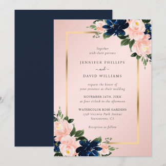 Navy Blue Gold Blush Pink Floral Wedding Invitation