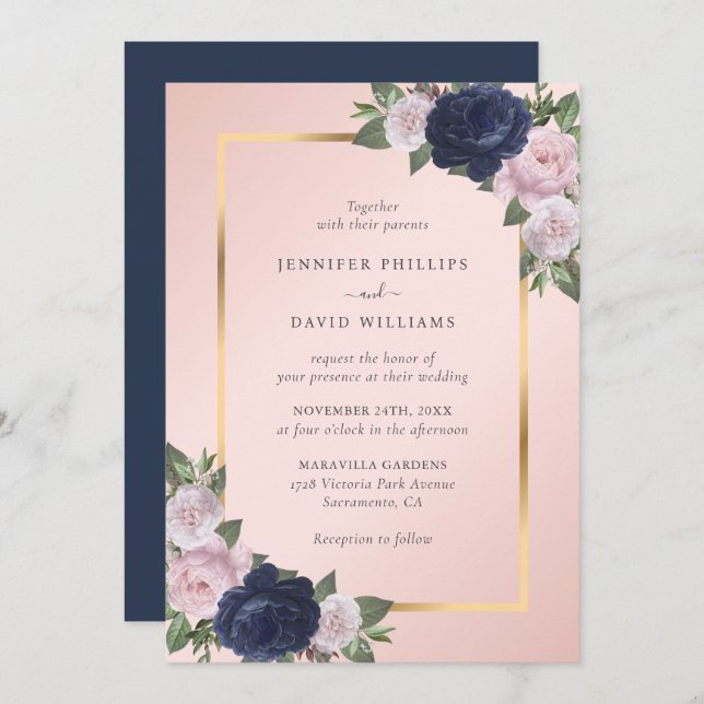 Navy Blue Gold Blush Pink Floral Wedding Invitation (Front/Back)