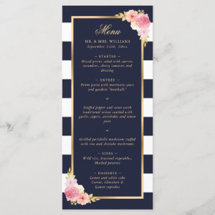 Navy Blue Gold Blush Pink Floral Wedding Menu