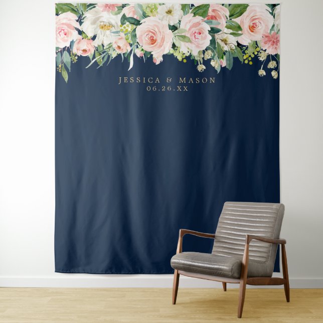 Navy Blue Gold Blush Wedding Backdrop Photo Booth Tapestry (In Situ)