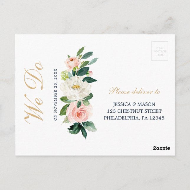 Navy Blue Gold Blush Wedding RSVP Postcard (Back)