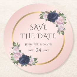 Navy Blue Gold Blush Wedding Save The Date Round Paper Coaster