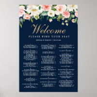 Navy Blue Gold Blush Wedding Seating Chart Sign