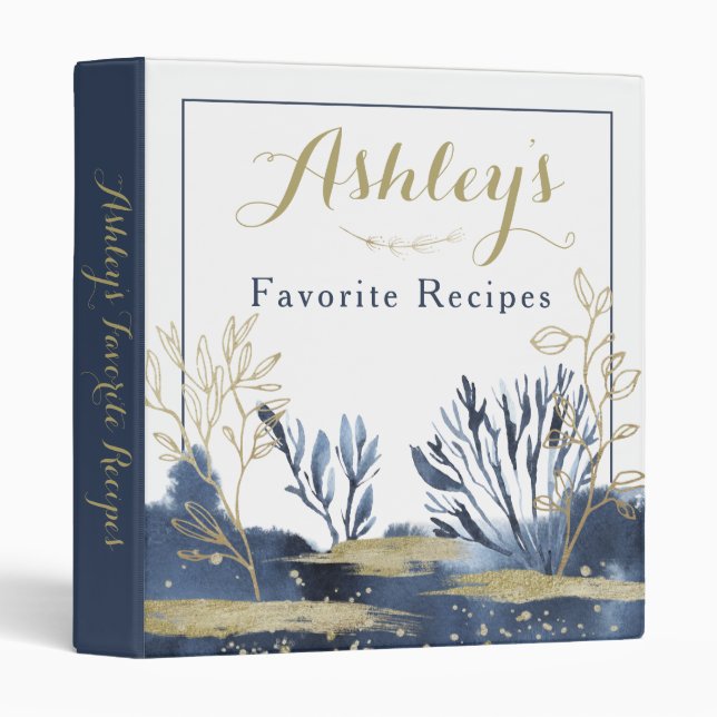 Navy Blue Gold Boho Floral Bridal Shower Recipe Binder (Front/Spine)
