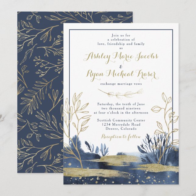 Navy Blue Gold Boho Floral Wedding Invitation (Front/Back)