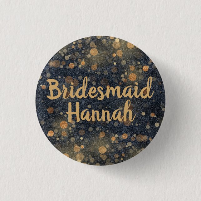 Navy Blue Gold Bokeh Script Bridesmaid 1 Inch Round Button (Front)