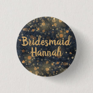 Navy Blue Gold Bokeh Script Bridesmaid 1 Inch Round Button