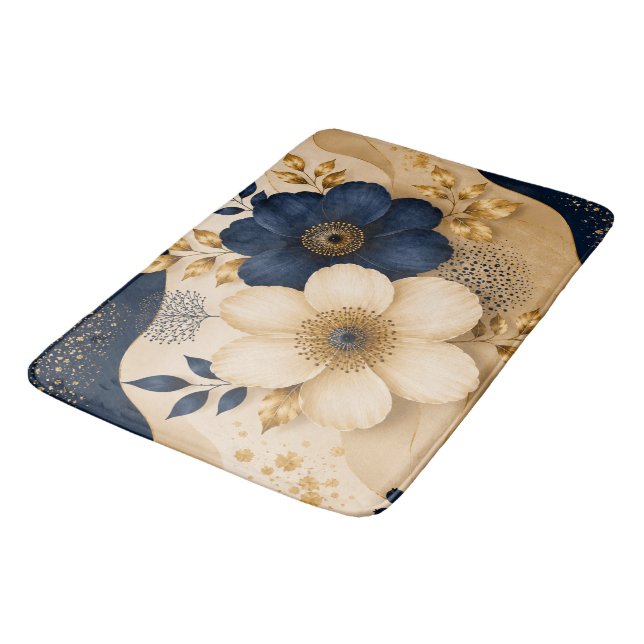Navy Blue & Gold Botanical Floral Pattern Bath Mat (Angled)