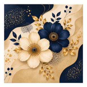 Navy Blue & Gold Botanical Floral Pattern Photo Print