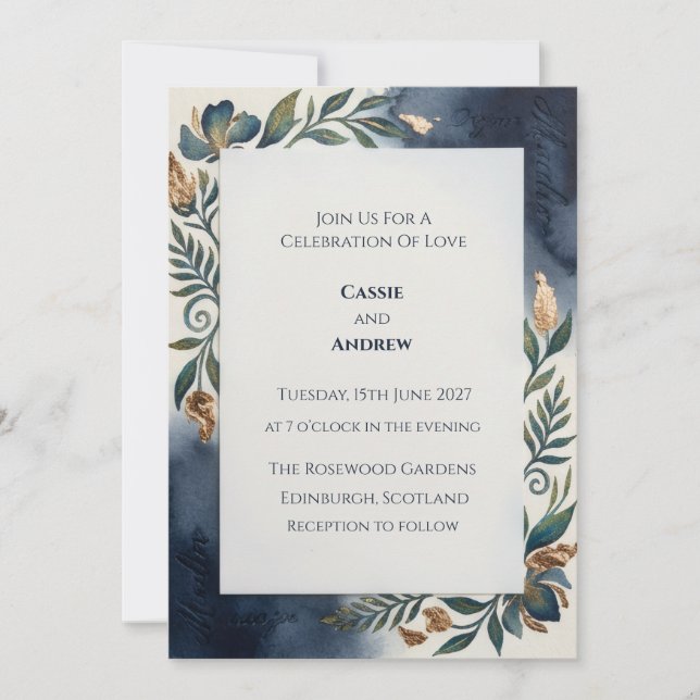 Navy Blue Gold Botanical Foliage Wedding Invitatio Invitation (Front)