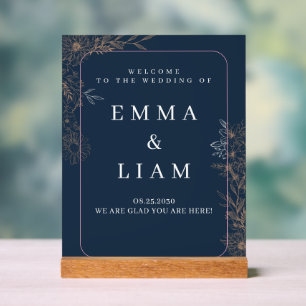 Navy Blue Gold Botanical Tabletop Wedding Welcome Acrylic Sign