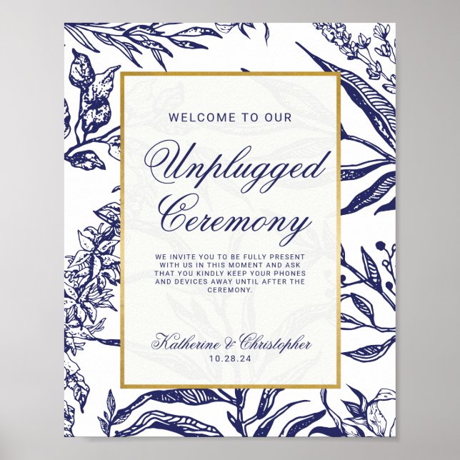Navy Blue Gold Botanical Unplugged Wedding Poster (Front)