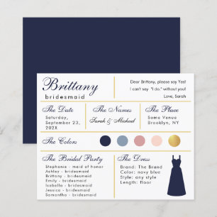 Navy Blue Gold Bridesmaid Information Card