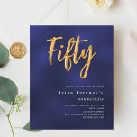 Navy blue gold budget 50th birthday invitation<br><div class="desc">A modern, stylish invitation for a 50th birthday party for both him and her. The blue colour is uneven. Navy blue background and the word Fifty written with large faux gold letters. Personalize and add a name and party details. White text. 1 sheet = 1 invitation printed edge to edge....</div>