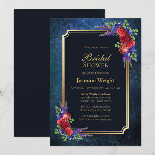 Navy Blue Gold Burgundy Rose Bridal Shower Invitation