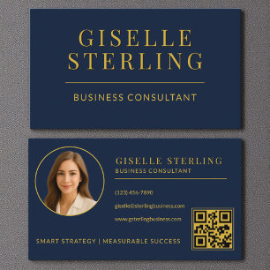 Navy Blue Gold Business Consultant Photo QR Code Business Card
