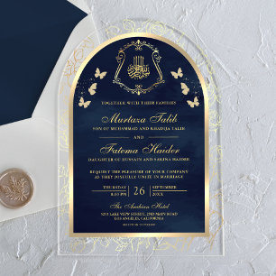 Navy Blue Gold Butterfly Arch Muslim Wedding Acrylic Invitations