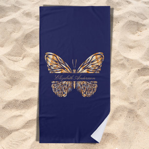 Navy blue gold butterfly name script beach towel