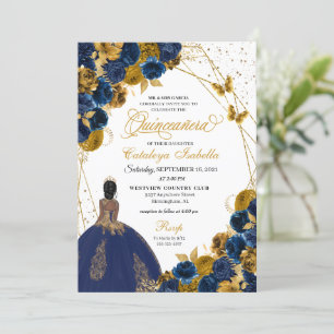 Navy Blue & Gold Butterfly Princess Quinceanera Invitation