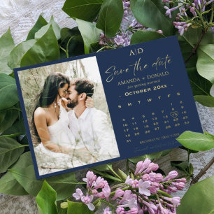 Navy Blue Gold Calendar Wedding Save the date