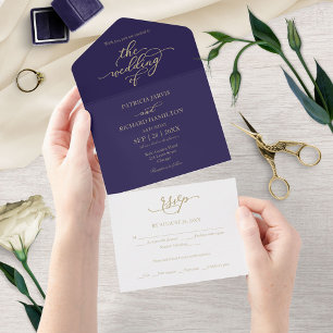Navy Blue Gold Calligraphy All in One Wedding Invitation