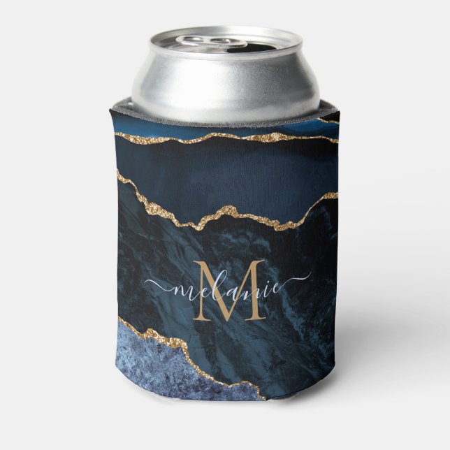 Navy Blue Gold Can Colers Custom Name and Letter Can Cooler (Can Back)