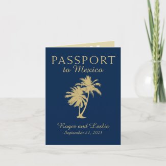 Navy Blue Gold Cancun Mexico Wedding Passport Invitation