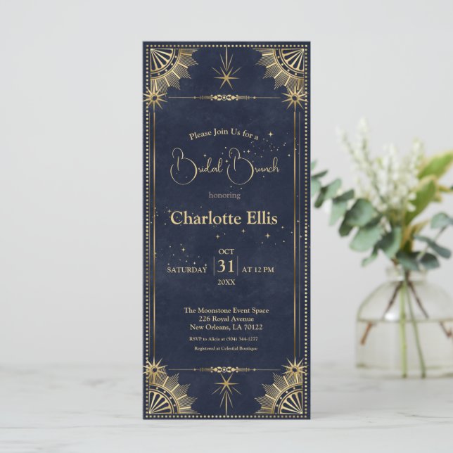 Navy Blue Gold Celestial Bridal Brunch Invitation (Standing Front)