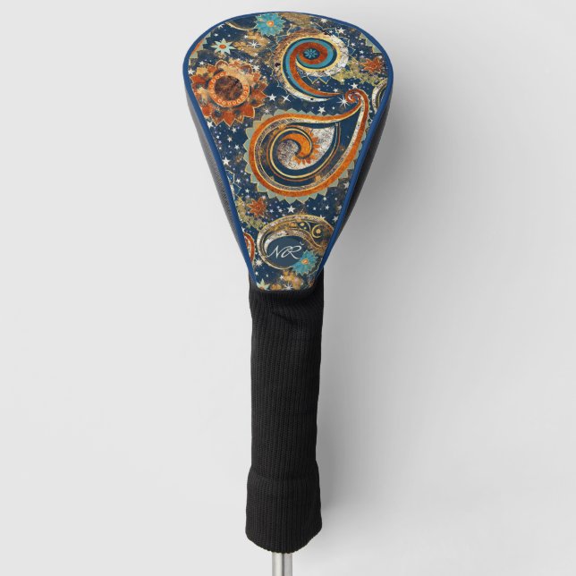  Navy Blue Gold Celestial Paisley Pattern Monogram Golf Head Cover (Front)