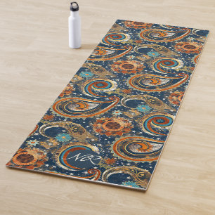 Navy Blue Gold Celestial Paisley Pattern Monogram Yoga Mat