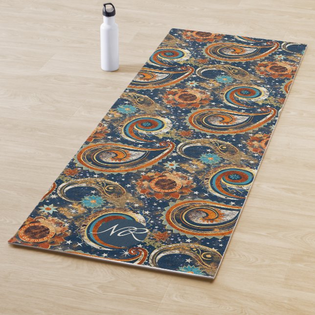  Navy Blue Gold Celestial Paisley Pattern Monogram Yoga Mat (In Situ)