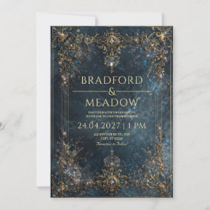 Navy Blue Gold Celestial Starry Night Wedding Invitation