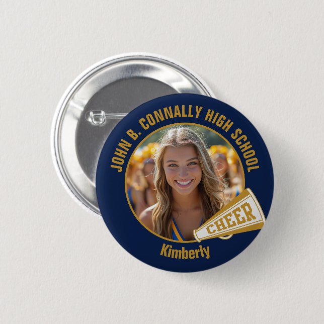 Navy Blue Gold Cheerleader Photo High School 2 Inch Round Button (Front & Back)